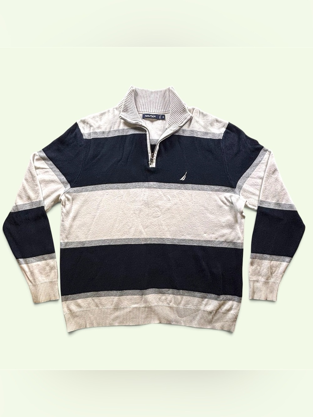 Nautica Men’s XL Navy Gray Ivory Colorblock 1/4 Zip Cotton Sweater